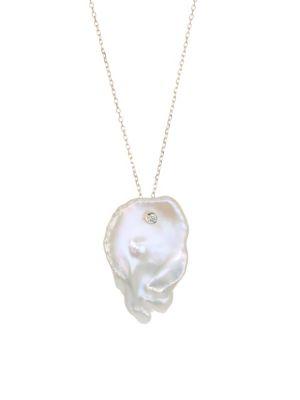 Mizuki Sea Of Beauty 16mm Flat White Freshwater Pearl, Diamond & 14k Yellow Gold Single Petal Necklace