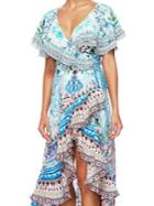 Camilla Frill-sleeve Hi-lo Silk Wrap Dress