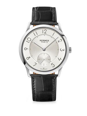Hermes Watches Slim D'hermes Gm Stainless Steel & Alligator Strap Watch