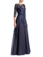 Rene Ruiz Metallic Lace Illusion Gown