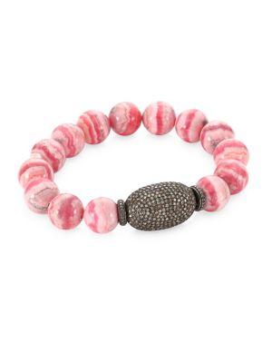 Bavna Pave Diamond Pink Agate Bead Bracelet