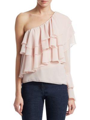 Scripted One Shoulder Ruffle Top