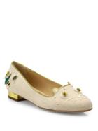 Charlotte Olympia Kitty Floral-embroidered Linen Flats