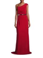 David Meister Draped One-shoulder Belted Gown