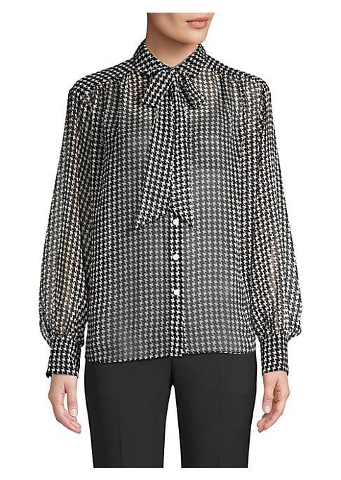 Kate Spade New York Tie-neck Houndstooth Chiffon Button-down Blouse