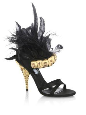 Prada Jeweled Feather-trim Satin Sandals