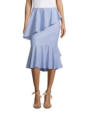 Scripted Tiered Ruffled Midi Skirt