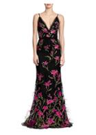 Marchesa Notte Floral Embroidered Feather Trim Gown