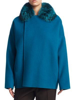 Basler, Plus Size Turq Fur-collar Wool Coat