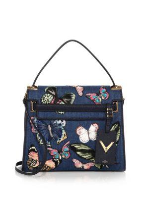 Valentino Butterfly Embroidered Denim & Leather Satchel