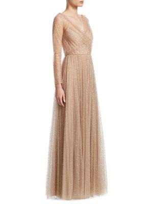 Dior Allover Sequins Long-sleeve V-neck Gown