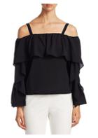Scripted Ruffle Cold-shoulder Blouse