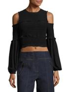 Cinq A Sept Pascal Smocked Cold-shoulder Silk Cropped Top