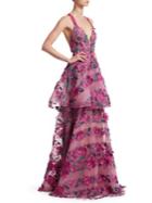 Marchesa Notte Floral Embroidered Tiered Mesh Gown