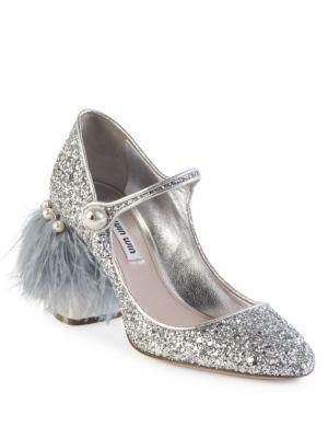 Miu Miu Feather & Gliter Mary Jane Pumps