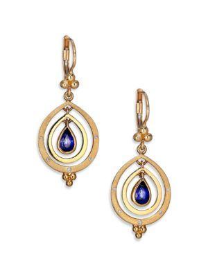 Temple St. Clair Celestial Sapphire, Diamond & 18k Yellow Gold Double-ring Pear Spin Drop Earrings