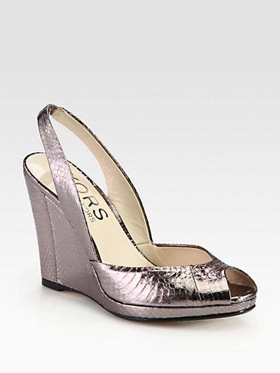 Kors Michael Kors Vivian Snake-print Metallic Leather Slingback Wedges