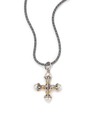 Konstantino Classic 4mm-5mm White Pearl, 18k Yellow Gold & Sterling Silver Small Maltese Cross Pendant