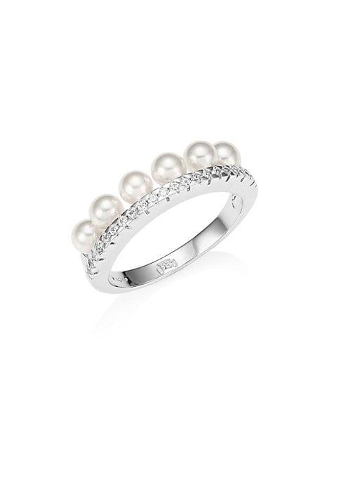 Majorica Silver 4mm Round Pearl & Crystal Ring