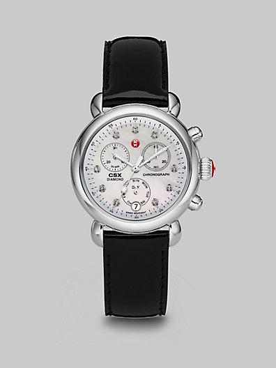 Michele Watches Stainless Steel Diamond Marker Chronograph Watch/black Patent Leather Strap