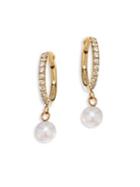 Zoe Chicco White Diamond, 4mm Freshwater Pearls & 14k Yellow Gold Hoops Earrings