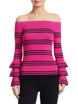 Scripted Ruffle Off-the-shoulder Sweater