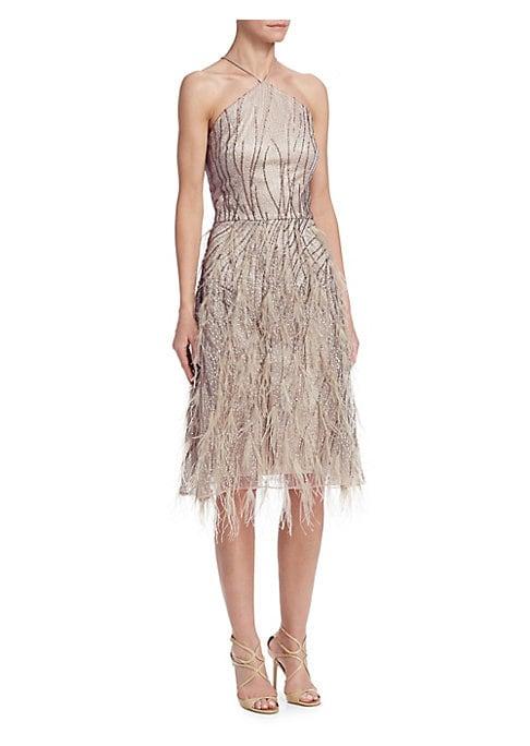 David Meister Feather-accented Halter Dress