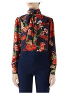 Gucci Long-sleeve Floral Tie-neck Silk Blouse