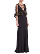 Marchesa Notte Beaded Cape V-neck Gown