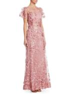 David Meister Embroidered Flutter-sleeve Gown