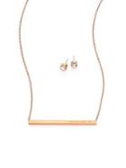 Michael Kors Logo Bar Pendant Necklace & Stud Earrings Set/rose Goldtone