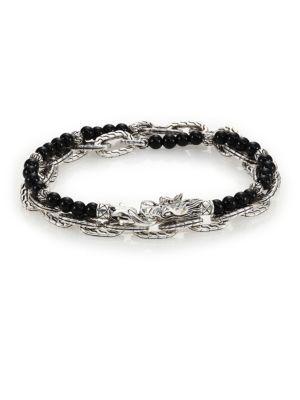 John Hardy Batu Naga Black Chalcedony Bead & Sterling Silver Chain Double Wrap Bracelet