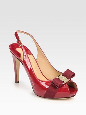 Patent Leather And Grosgrain Ribbon Slingback Peep Toe Bow Pumps