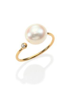 Mizuki Sea Of Beauty 10mm White Freshwater Pearl, Diamond & 14k Yellow Gold Wrap Ring