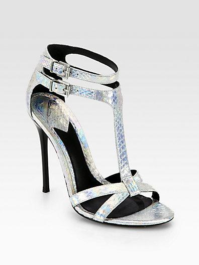 B Brian Atwood Laetitia Metallic Snakeskin T-strap Sandals