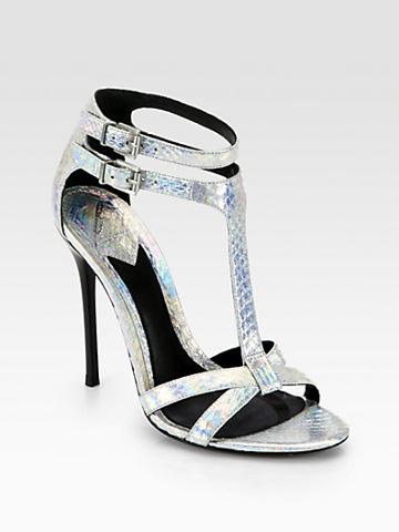 B Brian Atwood Laetitia Metallic Snakeskin T-strap Sandals