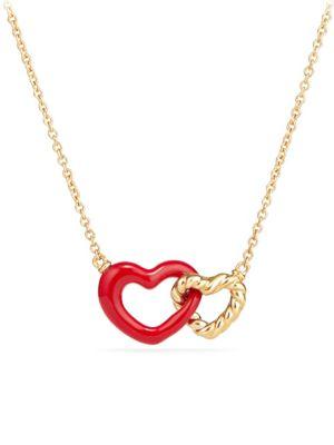 David Yurman Double Heart Pendant Necklace With 18k Gold & Red Enamel