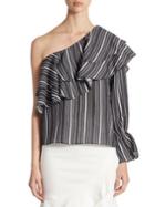 Scripted Ruffled Striped One-shoulder Bell-sleeve Top
