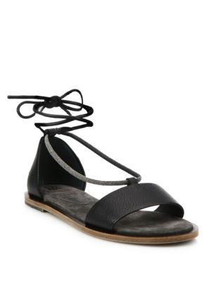 Brunello Cucinelli Monili-trim Leather Ankle-wrap Sandals