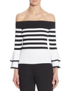 Scripted Striped Off-the-shoulder Bell Sleeve Sweater