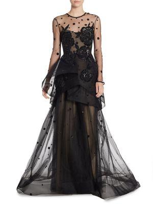 Monique Lhuillier Embroidered Long Sleeve Illusion Gown