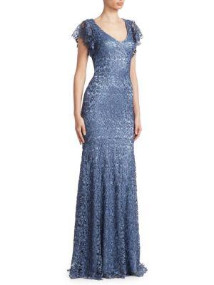Theia Flutter-sleeve Lace Gown