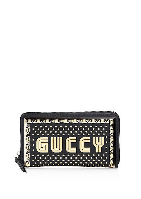 Gucci Guccy Print Leather Zip Wallet In Sega? Font