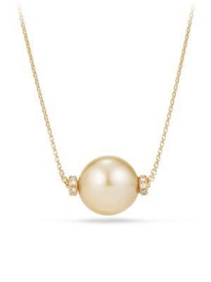 David Yurman Solari 12mm Golden Pearl Necklace With Diamonds In 18k Gold