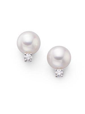 Mikimoto 7mm White Cultured Akoya Pearl, Diamond & 18k White Gold Earrings
