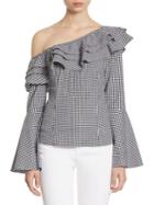 Scripted Ruffled One-shoulder Gingham Bell-sleeve Top