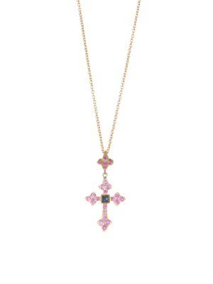 Nayla Arida 18k Yellow Gold, Pink Sapphire & Blue Saphhire Cross Pendant Necklace