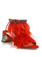 Miu Miu Jeweled Metallic Heel Suede & Feather Sandals