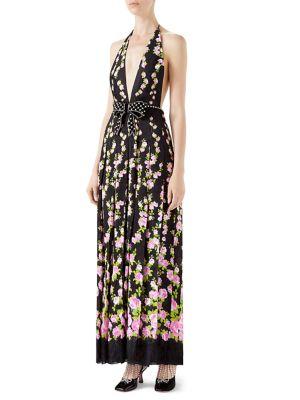 Gucci Embroidered Rose-print Halter Gown