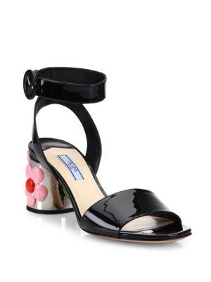 Prada Flower-heel Patent Leather Ankle-strap Sandals